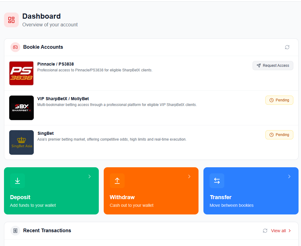 SharpBetX sports betting platform account dashboard